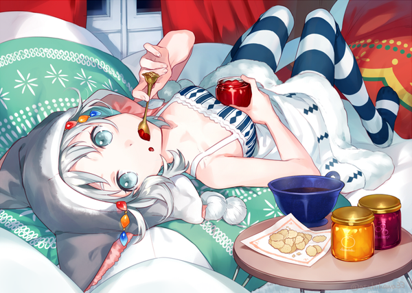 Anime picture 850x607 with original asahikawa hiyori single looking at viewer short hair bare shoulders holding animal ears silver hair full body indoors lying aqua eyes on back no shoes sleeveless eating upside down animal hood food on face