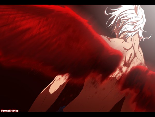 Anime picture 1659x1250 with air gear toei animation takeuchi sora hvostik single short hair red eyes white hair profile looking back coloring light muscle boy wings blood