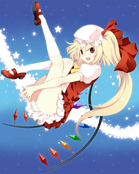 Anime picture 800x1000 with touhou flandre scarlet roh nam kyung single long hair tall image looking at viewer short hair open mouth light erotic blonde hair red eyes one side up girl dress wings socks star (symbol) star (stars) white socks
