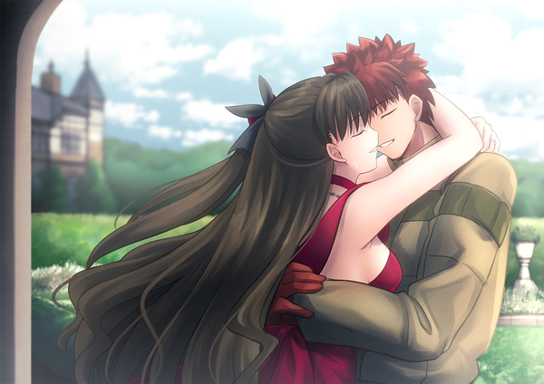 Anime picture 1414x1000 with fate (series) fate/stay night toosaka rin emiya shirou migiha long hair short hair breasts black hair smile standing sky cloud (clouds) upper body red hair eyes closed parted lips couple hug tears