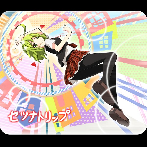 Anime picture 1200x1200 with vocaloid gumi zaxwu single blush short hair green eyes green hair plaid skirt :p girl skirt miniskirt pantyhose necktie shoes tongue