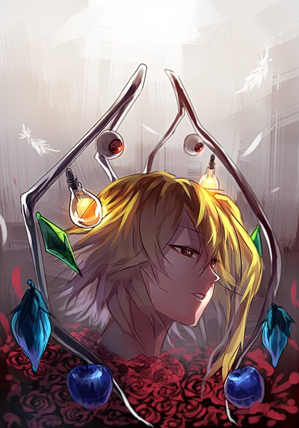 Anime picture 1500x2149 with touhou flandre scarlet uu uu zan single tall image short hair blonde hair simple background red eyes looking away profile grey background one side up eyes alternate wings girl wings feather (feathers) fruit crystal