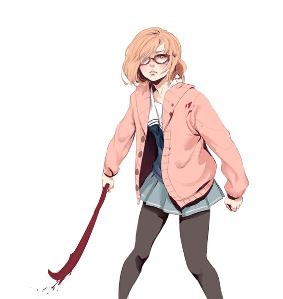 Anime picture 900x950 with kyoukai no kanata kyoto animation kuriyama mirai jdarnell single tall image blush fringe short hair simple background standing white background yellow eyes parted lips pleated skirt lips hair over one eye orange hair open clothes looking up