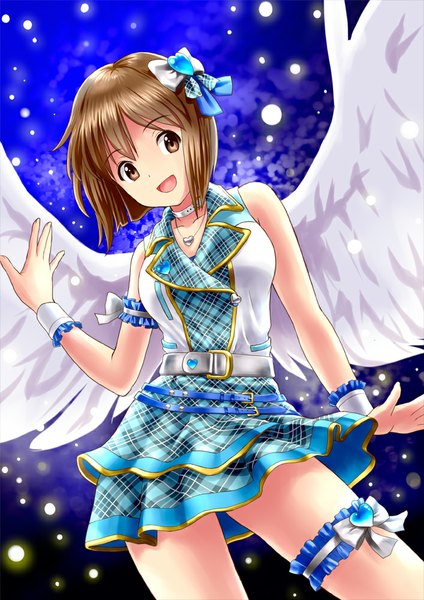 Anime picture 707x1000 with idolmaster idolmaster (classic) hagiwara yukiho ponnetsu single tall image looking at viewer short hair open mouth brown hair bare shoulders brown eyes check my note girl dress bow hair bow wings frills