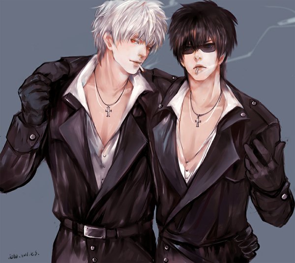 Anime picture 897x800 with gintama sunrise (studio) sakata gintoki hijikata toshiro babyfoxcc looking at viewer short hair black hair simple background red eyes silver hair grey background open clothes multiple boys open shirt dated dark background smoke smoking hand on another's shoulder