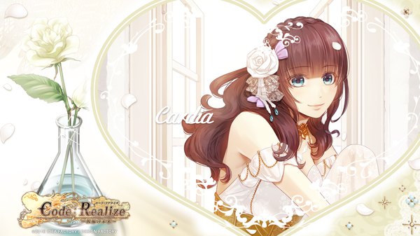 Anime picture 1920x1080 with code: realize ~sousei no himegimi~ cardia (code: realize) miko (artist) single long hair looking at viewer fringe highres blue eyes brown hair wide image sitting upper body blunt bangs hair flower light smile off shoulder official art sparkle copyright name