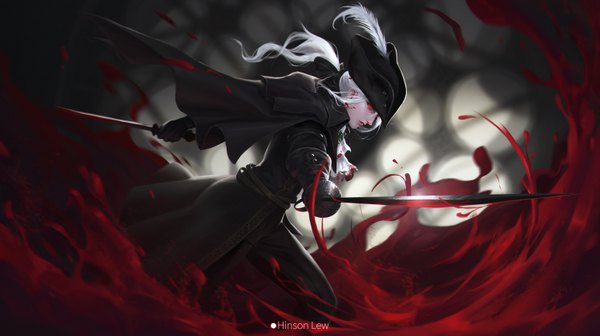 Anime picture 5986x3362 with bloodborne from software lady maria of the astral clocktower hinson lew single long hair looking at viewer fringe highres red eyes wide image holding signed payot absurdres white hair ponytail profile floating hair outstretched arm