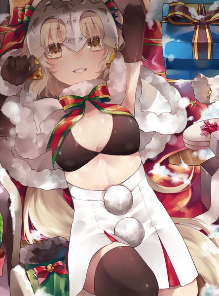 Anime picture 1704x2300 with fate (series) fate/grand order jeanne d'arc (fate) (all) jeanne d'arc alter santa lily (fate) ichinosenen single long hair tall image looking at viewer highres light erotic blonde hair yellow eyes bent knee (knees) lying parted lips arm up on back snow girl