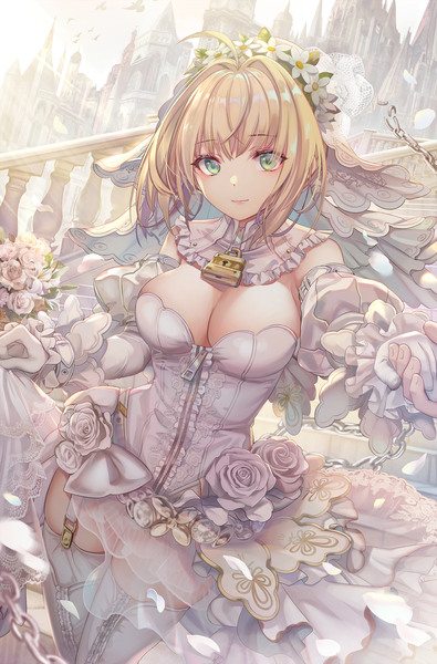 Anime picture 1500x2277 with fate (series) fate/grand order fate/extra fate/extra ccc nero claudius (fate) (all) nero claudius (bride) (fate) torino aqua tall image looking at viewer blush fringe short hair breasts light erotic blonde hair large breasts standing bare shoulders green eyes cleavage