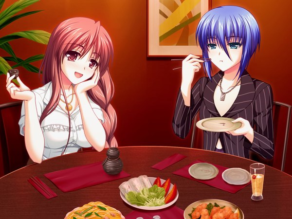 Anime picture 1600x1200 with fake azure arcology asami asami long hair short hair blue eyes red eyes multiple girls blue hair game cg red hair girl 2 girls food