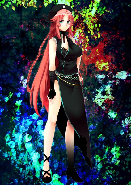 Anime picture 1500x2121 with touhou hong meiling yutazou single long hair tall image blue eyes red hair braid (braids) legs girl gloves plant (plants) hat fingerless gloves