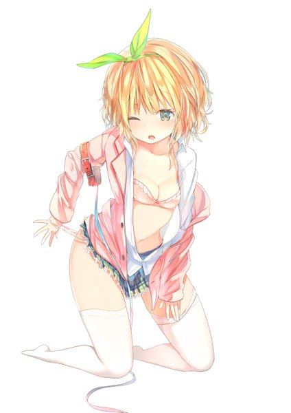 Anime picture 566x800 with kawaikereba hentai demo suki ni natte kuremasu ka? koga yuika sune (mugendai) single tall image fringe short hair breasts light erotic simple background blonde hair white background full body one eye closed official art no shoes kneeling plaid skirt panty pull cover