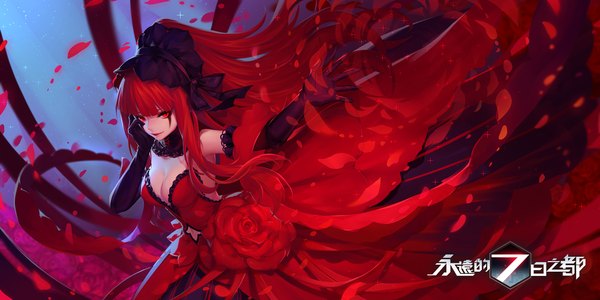 Anime picture 2000x1000 with forever 7th capital olucia kanmaixso single long hair looking at viewer fringe highres breasts light erotic red eyes wide image bare shoulders red hair blunt bangs wind sparkle copyright name outstretched arm slit pupils