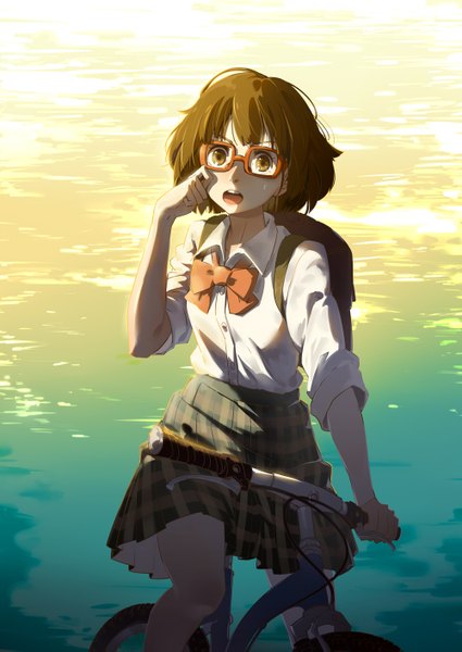 Anime picture 1000x1413 with cici single tall image looking at viewer short hair open mouth brown hair brown eyes pleated skirt twisty sleeves riding girl skirt miniskirt shirt water bowtie ground vehicle bicycle