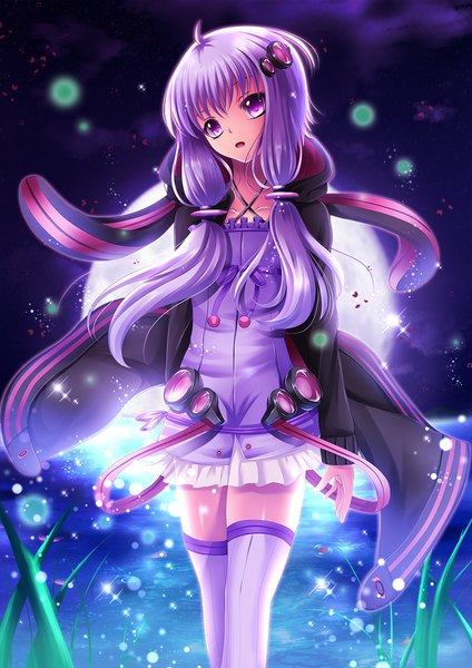 Anime picture 778x1100 with vocaloid voiceroid yuzuki yukari toshi (1-147) single long hair tall image looking at viewer open mouth purple eyes purple hair girl thighhighs dress hair ornament plant (plants) jacket grass