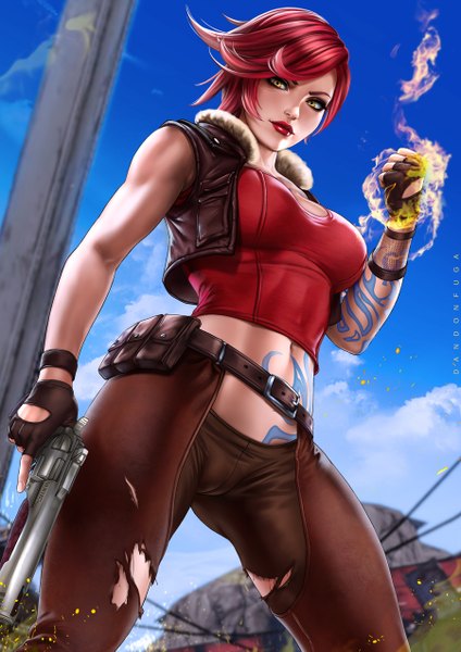 Аниме картинка 900x1273 с borderlands lilith (borderlands) dandon fuga один (одна) высокое изображение смотрит на зрителя чёлка короткие волосы грудь лёгкая эротика стоя держать подписанный жёлтые глаза небо облако (облака) на улице красные волосы губы реалистичный