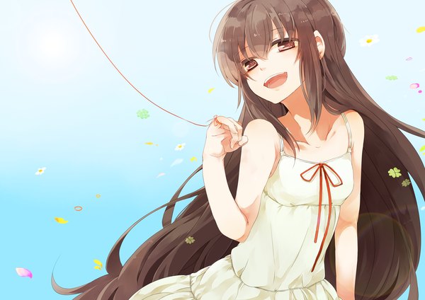 Anime picture 1754x1240 with original yumetsuko single long hair looking at viewer highres open mouth brown hair bare shoulders brown eyes girl dress flower (flowers) petals thread red thread