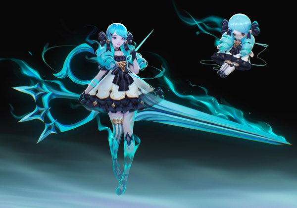 Anime picture 3840x2691 with league of legends gwen (league of legends) paul (shiramune) single long hair looking at viewer fringe highres smile absurdres full body parted lips aqua eyes aqua hair lipstick drill hair eyeshadow walking pink lipstick asymmetrical legwear