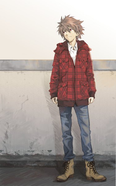 Anime picture 626x1000 with neon genesis evangelion gainax nagisa kaworu mc single tall image fringe short hair hair between eyes red eyes standing white background looking away full body grey hair lacing plaid boy shirt jacket