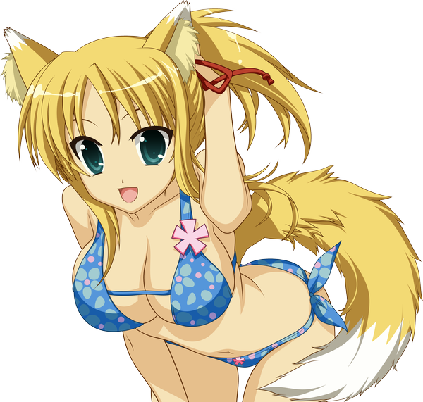 Anime picture 4944x4708 with dog days yukikaze panettone single highres short hair breasts open mouth light erotic blonde hair green eyes absurdres fox ears fox tail fox girl transparent background girl navel swimsuit bikini