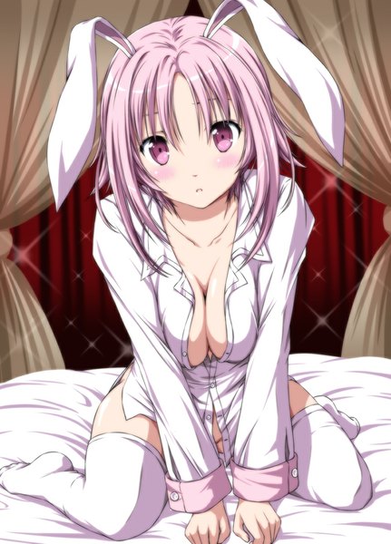 Anime picture 794x1104 with original nori tamago single long hair tall image looking at viewer blush breasts light erotic purple eyes animal ears purple hair bunny ears bunny girl girl thighhighs shirt white thighhighs white shirt