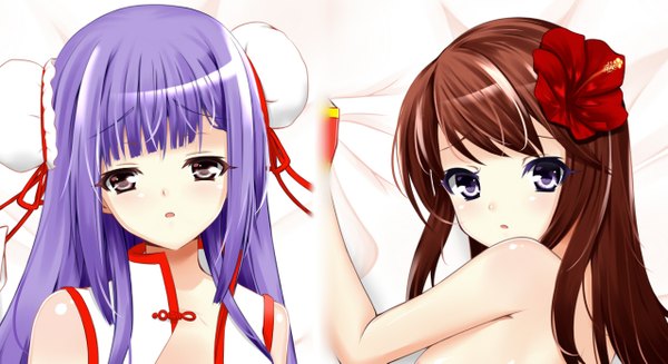 Anime picture 1278x697 with nagi-the-cheese (ppshex) long hair looking at viewer blush brown hair wide image purple eyes bare shoulders multiple girls purple hair hair flower chinese clothes silver eyes girl hair ornament flower (flowers) 2 girls chinese dress