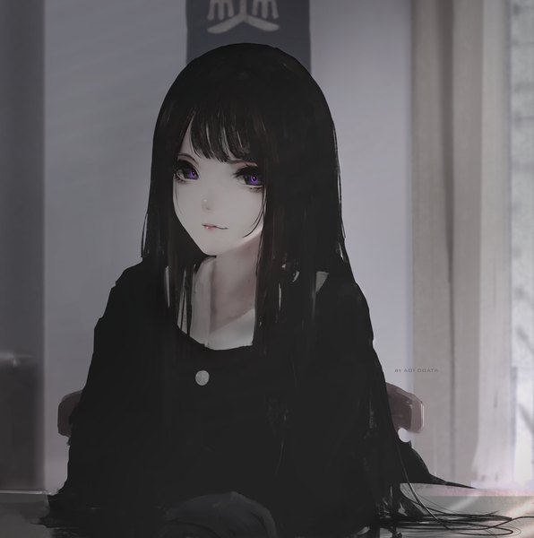 Anime picture 3828x3859 with original hate-chan (aoi ogata) aoi ogata single long hair tall image looking at viewer fringe highres black hair smile purple eyes signed absurdres upper body indoors lipstick light pink lipstick makeup