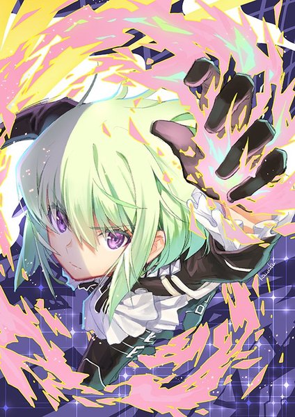 Anime picture 566x800 with promare studio trigger lio fotia kawaku single tall image looking at viewer fringe short hair hair between eyes purple eyes green hair from above sparkle shaded face boy gloves black gloves