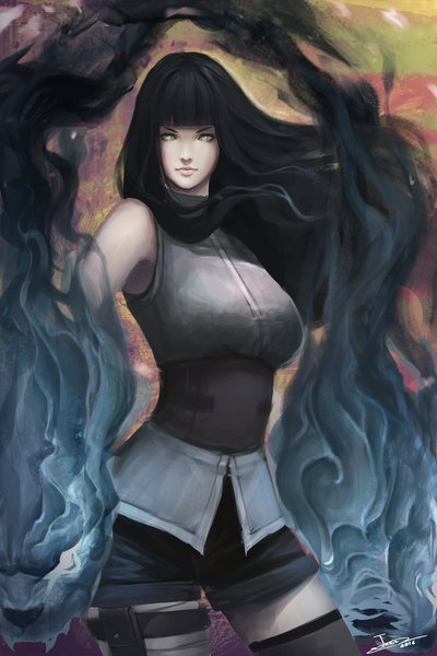 Anime picture 1024x1537 with naruto studio pierrot naruto (series) hyuuga hinata juniu21 single long hair tall image looking at viewer fringe breasts black hair large breasts standing bare shoulders signed blunt bangs lips realistic floating hair