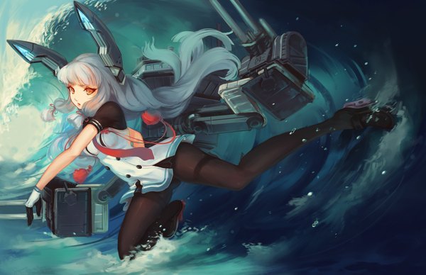 Anime picture 2048x1325 with kantai collection murakumo destroyer saimon ma single long hair looking at viewer highres white hair orange eyes tress ribbon girl gloves hair ornament ribbon (ribbons) weapon hair ribbon pantyhose necktie sea tassel