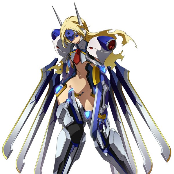 Anime picture 1024x1024 with blazblue mu-12 tagme (artist) single long hair open mouth blue eyes light erotic simple background blonde hair white background mecha musume mechanical wings girl navel