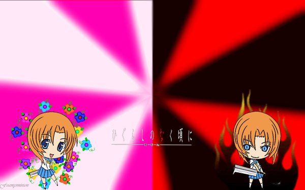 Anime picture 1280x800 with higurashi no naku koro ni studio deen ryuuguu rena looking at viewer fringe short hair open mouth blue eyes simple background smile brown hair wide image standing multiple girls holding full body head tilt :d pleated skirt inscription