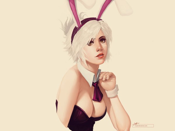 Anime picture 1600x1200 with league of legends riven (league of legends) battle bunny riven tsuaii single looking at viewer short hair breasts light erotic simple background blonde hair brown eyes animal ears realistic bunny ears bunny girl girl necktie bunnysuit