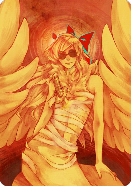 Anime picture 1000x1415 with homestuck davesprite prince-hotbuns (artist) single long hair tall image looking at viewer blonde hair angel wings yellow background orange background bow hair bow sword wings bandage (bandages) sunglasses