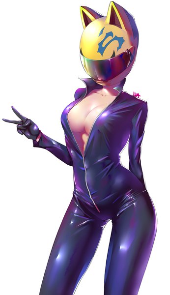 Anime picture 2363x4093 with durarara!! brains base (studio) celty sturluson 1yen single tall image highres breasts light erotic simple background large breasts standing white background signed animal ears cleavage long sleeves cat ears victory fake animal ears
