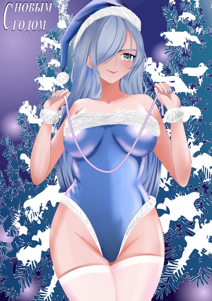 Anime picture 3508x4961 with genshin impact shenhe (genshin impact) ronikx art single long hair tall image blush fringe highres breasts blue eyes light erotic large breasts standing holding looking away absurdres silver hair hair over one eye alternate costume