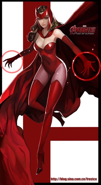 Anime picture 1093x2000 with marvel comics avengers scarlet witch (avengers) sakusaku (frostce) single long hair tall image looking at viewer breasts light erotic brown hair lips grey eyes girl gloves elbow gloves cloak suit