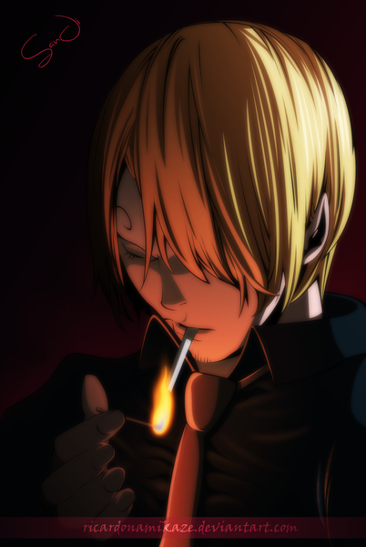 Anime picture 4361x6499 with one piece toei animation sanji ricardonamikaze single tall image highres short hair blonde hair absurdres eyes closed coloring smoking boy necktie