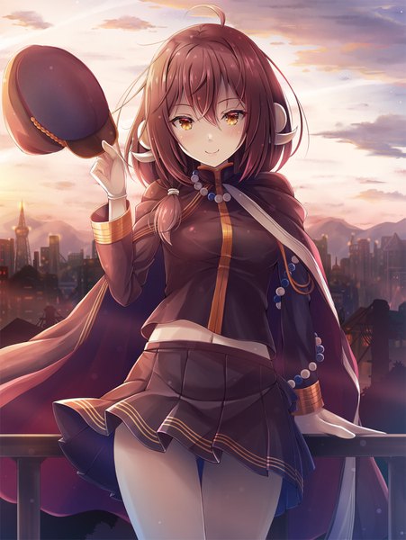 Anime-Bild 1127x1500 mit azur lane mikasa (azur lane) mikasa (style of the sakura capital) (azur lane) akashio (loli ace) single long hair tall image looking at viewer blush fringe hair between eyes brown hair standing holding yellow eyes sky cloud (clouds) ahoge outdoors pleated skirt