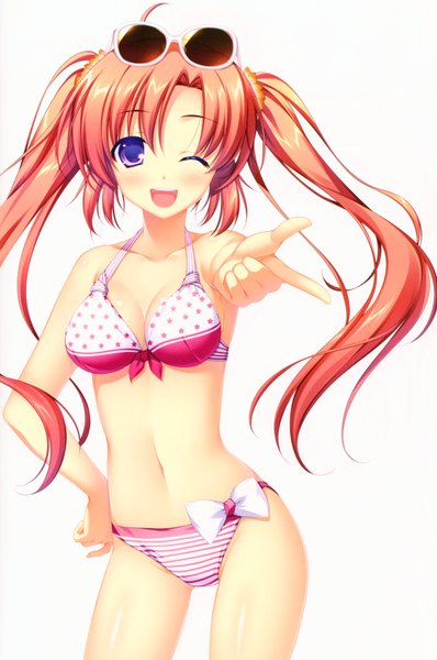 Anime picture 4494x6768 with original alpha (yukai na nakamatachi) single long hair tall image blush highres open mouth purple eyes twintails absurdres ahoge red hair one eye closed wink happy sunglasses on head star print girl ribbon (ribbons)