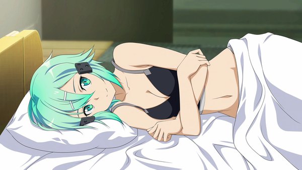 Anime picture 1920x1080 with sword art online sword art online: fatal bullet a-1 pictures asada shino single looking at viewer fringe highres breasts light erotic smile hair between eyes wide image payot game cg cleavage indoors lying aqua eyes aqua hair