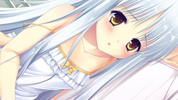 Anime picture 1024x576 with lovely quest sakuraba minaho long hair blush wide image yellow eyes game cg white hair girl sundress