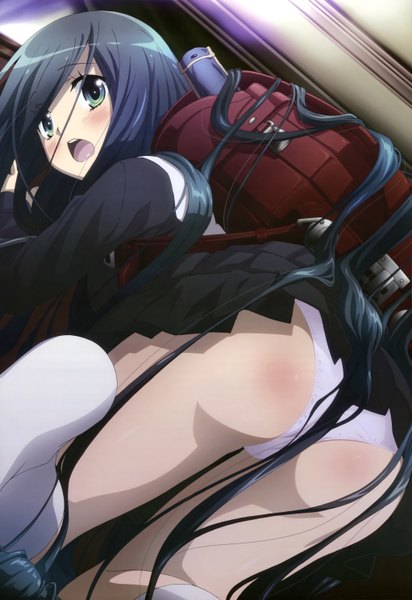 Anime picture 4085x5943 with dansai bunri no crime edge nyantype mushianokouji iwai tall image blush highres open mouth light erotic black hair green eyes absurdres ass very long hair official art pantyshot girl skirt underwear panties miniskirt