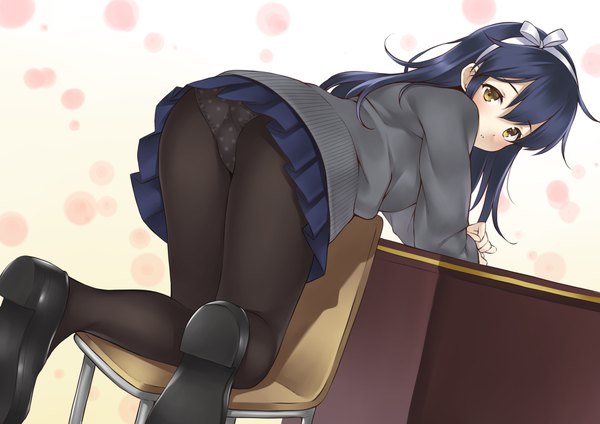 Anime picture 2125x1505 with kantai collection ushio destroyer ren san single long hair looking at viewer blush highres light erotic yellow eyes blue hair pleated skirt arm support kneeling polka dot polka dot background girl skirt underwear panties