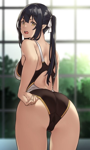 Anime picture 600x1000 with original elf (houtengeki) houtengeki single long hair tall image fringe open mouth light erotic black hair hair between eyes standing yellow eyes ass looking back pointy ears from behind blurry :o leaning
