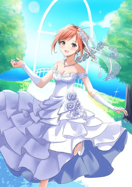 Anime picture 2508x3541 with idolmaster idolmaster shiny colors arisugawa natsuha raira (kinounozikan) single tall image looking at viewer blush highres short hair breasts open mouth smile brown hair standing bare shoulders sky cloud (clouds) bent knee (knees) outdoors