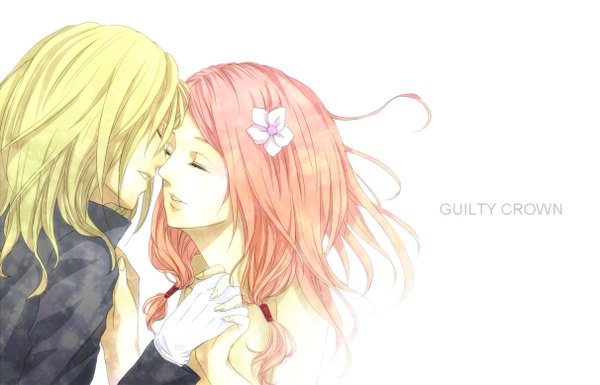 Anime picture 1212x778 with guilty crown production i.g yuzuriha inori tsutsugami gai yoma (pixiv) long hair simple background blonde hair white background pink hair eyes closed hair flower light smile inscription couple holding hands almost kiss girl boy hair ornament