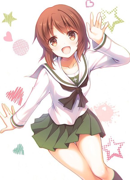 Anime picture 580x800 with girls und panzer nishizumi miho gunp single tall image looking at viewer blush short hair open mouth brown hair white background brown eyes bent knee (knees) :d pleated skirt waving girl skirt uniform socks