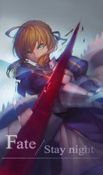 Anime picture 600x1012 with fate (series) fate/stay night type-moon artoria pendragon (all) saber liuli (llc) single long hair tall image looking at viewer blonde hair green eyes ahoge braid (braids) inscription puffy sleeves girl dress armor blood
