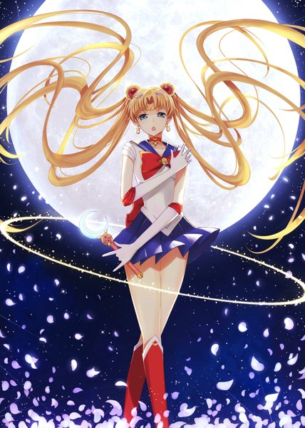 Anime picture 1574x2207 with bishoujo senshi sailor moon toei animation tsukino usagi sailor moon gkn levi single tall image looking at viewer breasts blue eyes blonde hair standing twintails holding very long hair pleated skirt night magic glowing glow